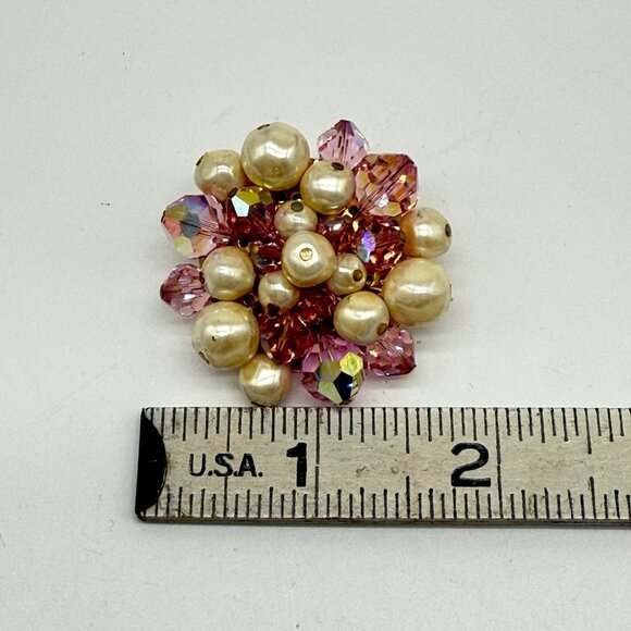 Vintage Faux Pearl Pink Aurora Borealis Crystal Cluster Brooch Pin - Picture 4 of 7